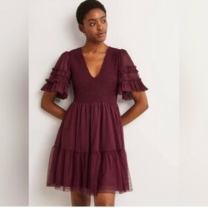 Boden Burgundy Smocked Tulle Tiered Mini Party Dress - Size US 8R romantic party